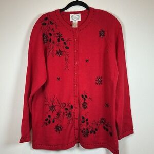 Stitches In Time Red Embroidered Holiday  1X – Beaded Snowflake & Floral Knit